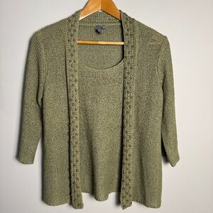 Jana Heavy Mesh Knit‎ 3/4 Sleeve Lagenlook Sweater with Attached Front Green M